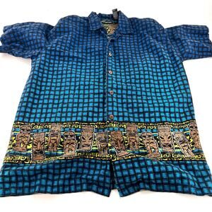 vintage men's 90s 2000s tiki mask Luau print button down LG blue black green